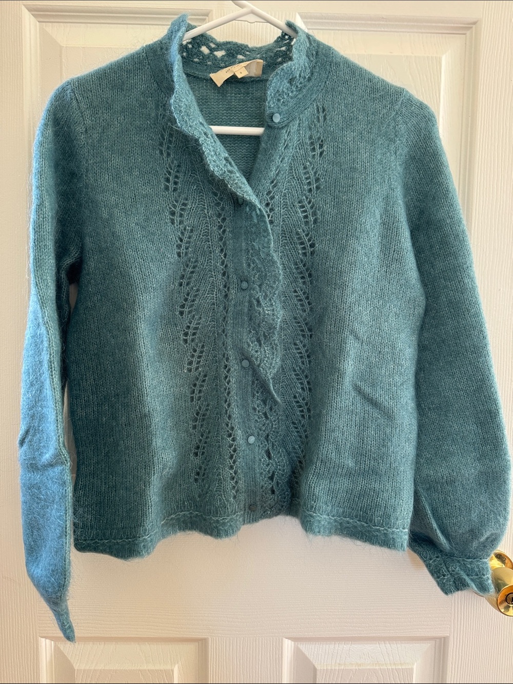 Women's Sezane Adelin Lace-Front Knit Cardigan Sweater in Teal